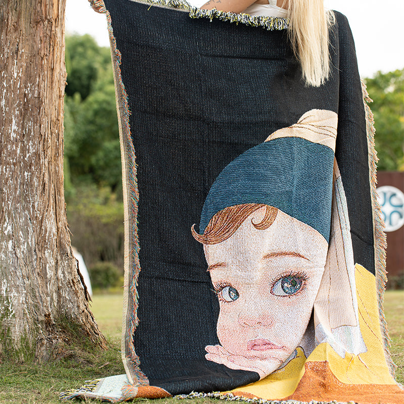 Art Throw Blanket - Girl with a Pearl Earring Inspired Design