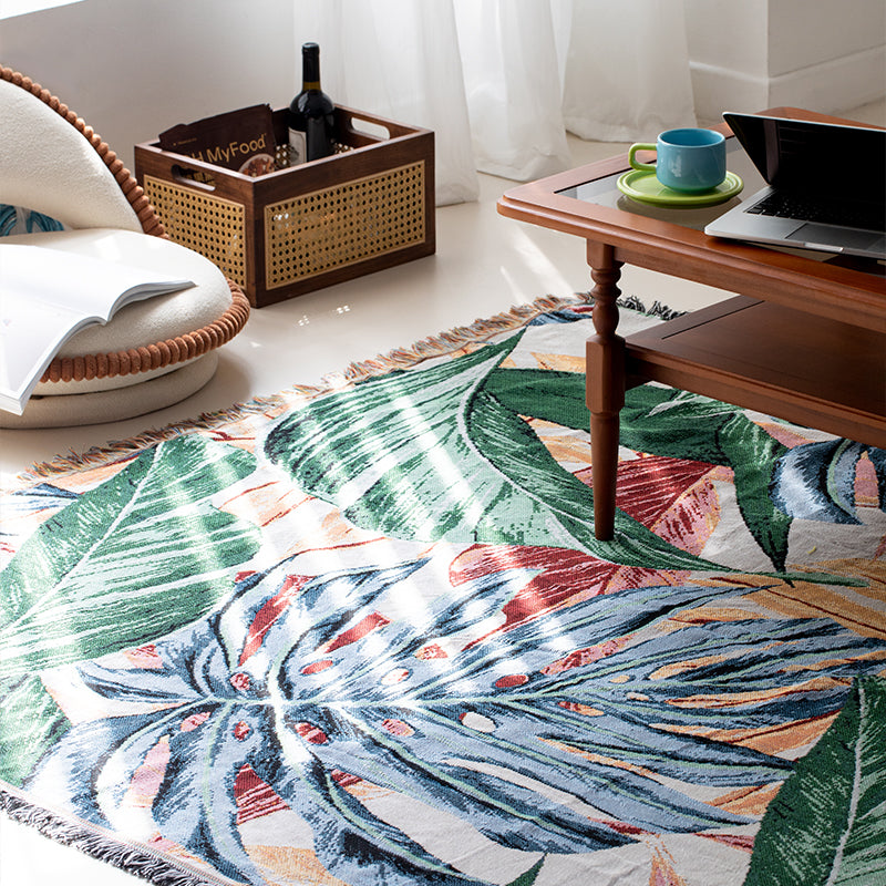 Modern Natural Leaf Print Tassel Throw Blanket