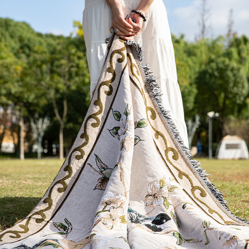 Modern Floral & Bird Print Throw Blanket with Tassels