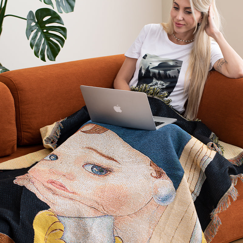 Art Throw Blanket - Girl with a Pearl Earring Inspired Design