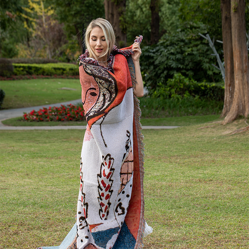 Modern Throw Blanket with Figure Print & Tassels