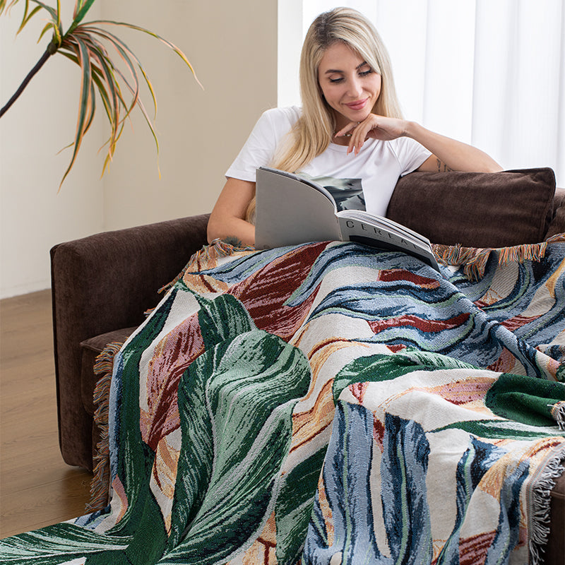 Modern Natural Leaf Print Tassel Throw Blanket