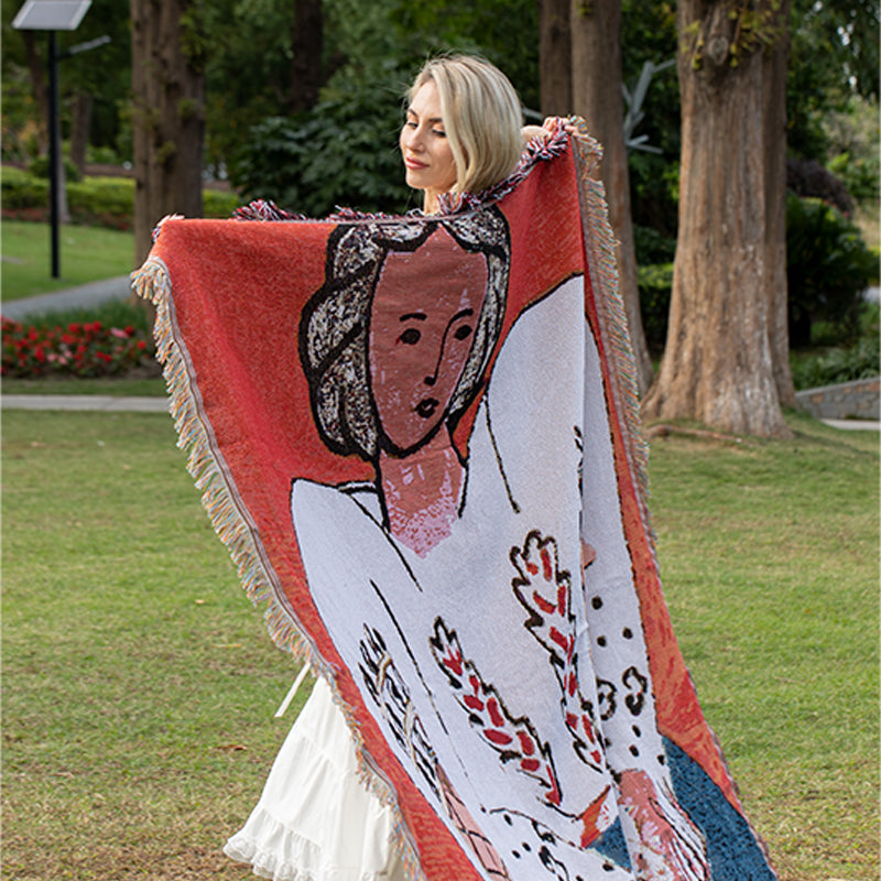 Modern Throw Blanket with Figure Print & Tassels