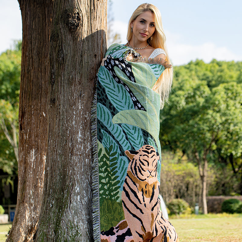 Modern Jungle Tiger Throw Blanket with Tassels