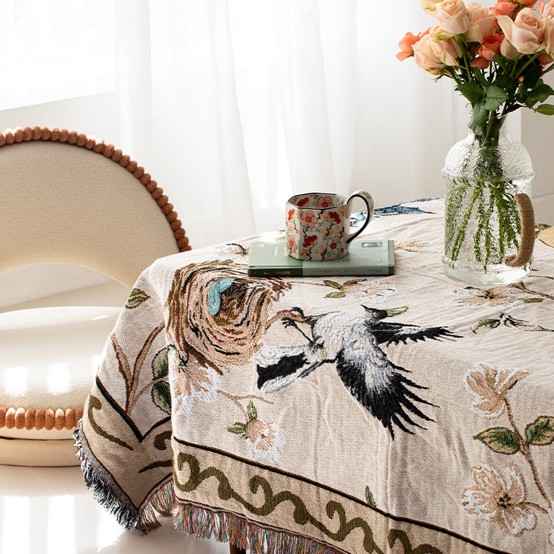 Modern Floral & Bird Print Throw Blanket with Tassels