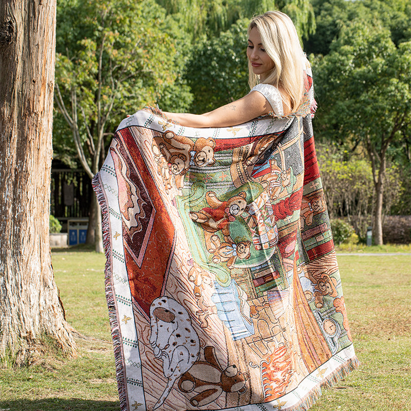 Teddy Bear Throw Blanket - Rustic Woven Sofa Blanket