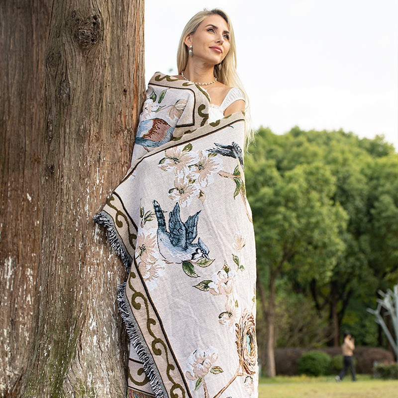 Modern Floral & Bird Print Throw Blanket with Tassels